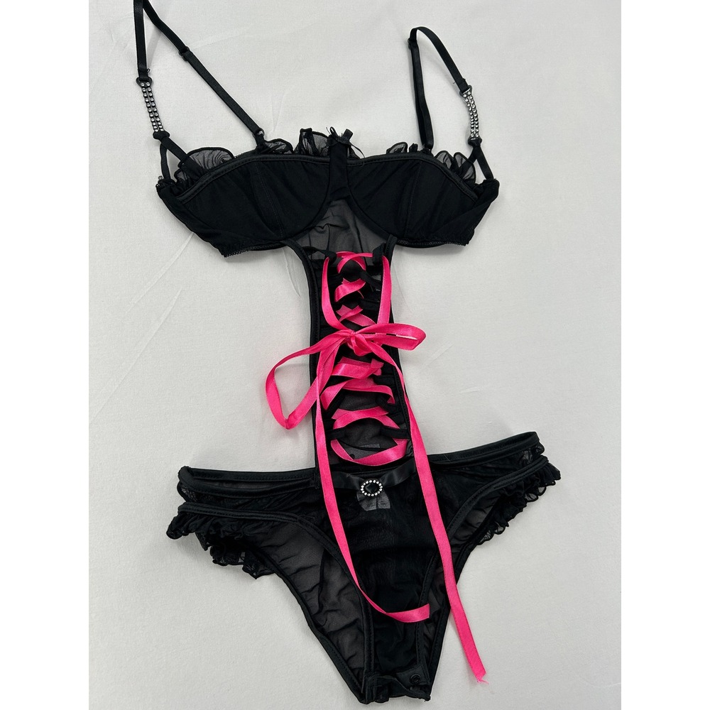 Coquette Black Pink Mesh Lace Up Teddy Bodysuit Rhinestone Straps Womens Medium